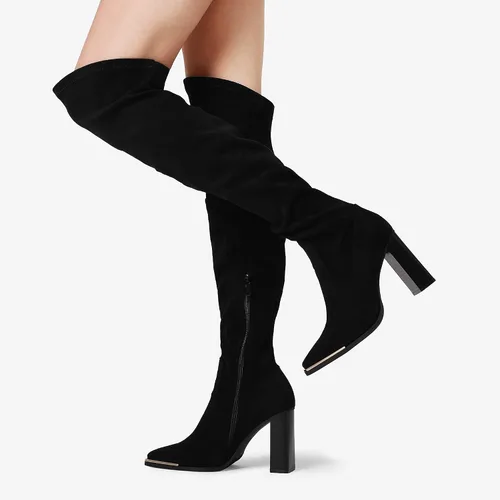 Vista 5 de DREAM PAIRS Botas por encima de la rodilla para mujer, con puntera cuadrada alta, tacón alto, largas y sexys, botas de otoño, Metálico