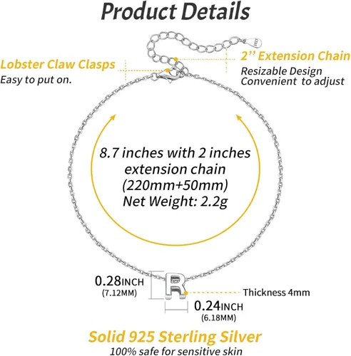 Vista 6 de ChicSilver 925 Sterling Silver Initial Ankle Bracelets for Women, Simple Dainty Letter Initial Anklets Beach Foot Chain Alphabet Jewelry