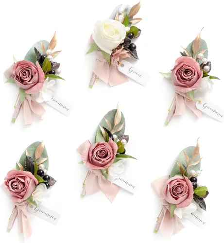 Vista 23 de Ling's Moment Boutonniere para Hombres Boda, Juego de 6, Novio y Padrinos Boutonniere para Boda Regreso a Casa Halloween Ceremonia Aniversario, Cena