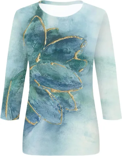 Vista 3 de Camisetas personalizadas para mujer, a la moda, casual, de séptima manga, estampada, cuello redondo, camiseta