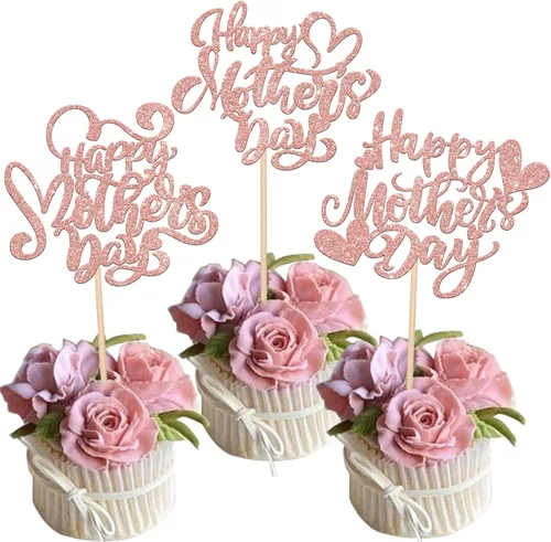 Vista 10 de Rsstarxi 1 paquete de decoración para pastel con flores de purpurina con doble corazón Love Mom Best Mom Best Mom Cake Pick Decoraciones para feliz