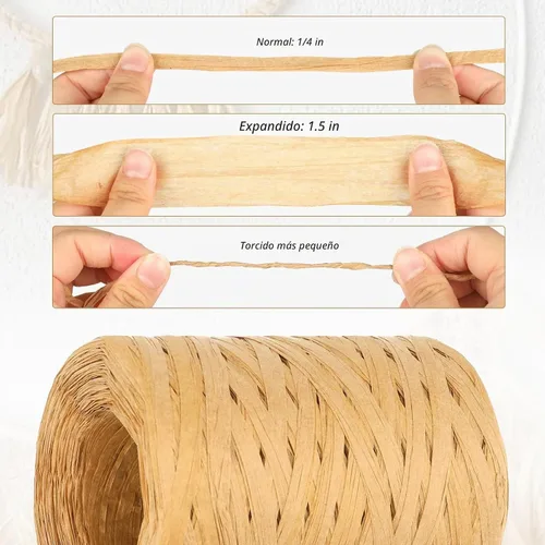 Vista 2 de Cordel de cinta de papel de rafia natural de 656 pies, cuerda de rafia de 1/4 de pulgada, cinta de papel de embalaje resistente para ramos de Marrón