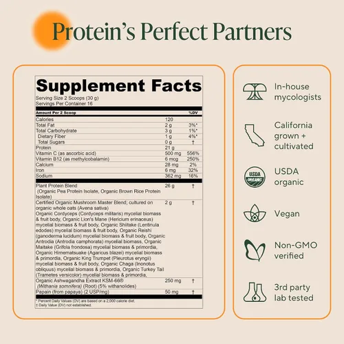 Vista 6 de OM MUSHROOM SUPERFOOD Master Blend Proteína vegana – Proteína vegetal sin sabor con 10 hongos, Ashwagandha, BCAA y B12 – Energía, recuperación