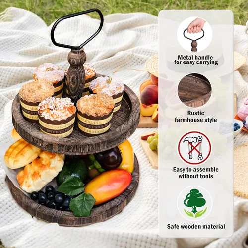 Vista 4 de Mustry Bandeja de madera rústica de 2 niveles, bandeja de servir redonda de granja para decoración de mesa de cocina, exhibición de comida, frutas