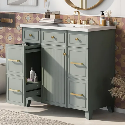 Vista 33 de Tocador de baño multifuncional de 30 pulgadas con lavabo individual, armario combinado de montaje inferior, marco de gabinete de baño de madera