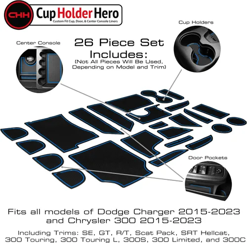 Vista 3 de CupHolderHero Compatible con Accesorios para Dodge Charger y Chrysler 300 2015-2023, Insertos para Portavasos de Interior Personalizados Franja azul