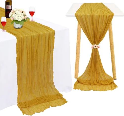 Vista 12 de Camino de mesa de gasa color dorado, 36 x 120 pulgadas, tela rústica de queso, 10 pies, camino de mesa bohemio transparente para recepción, fiesta