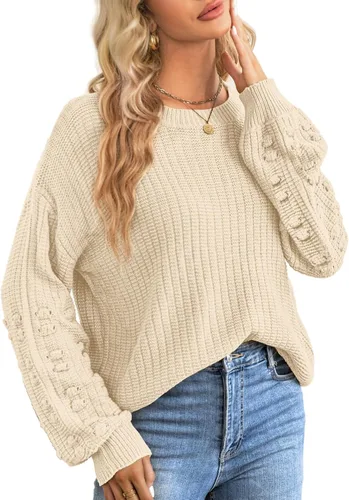 Vista 3 de WIHOLL Suéteres para mujer, de manga larga, de punto grueso, con cuello redondo