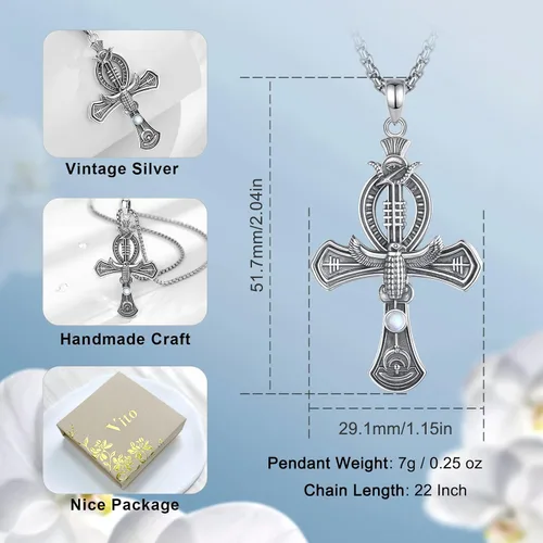 Vista 4 de Vito Egyptian Necklace for Women Men, 925 Sterling Silver AnubisAnkh CrossEvil EyeEgyptian Goddess Pendant for Mom Dad, Egypt Protection Jewelry