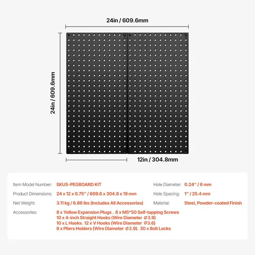 Vista 7 de VEVOR Paneles de metal con clavijas, tablero perforado de 24" x 12", 2 paneles, organizador de pared resistente con accesorios, para sala de estar