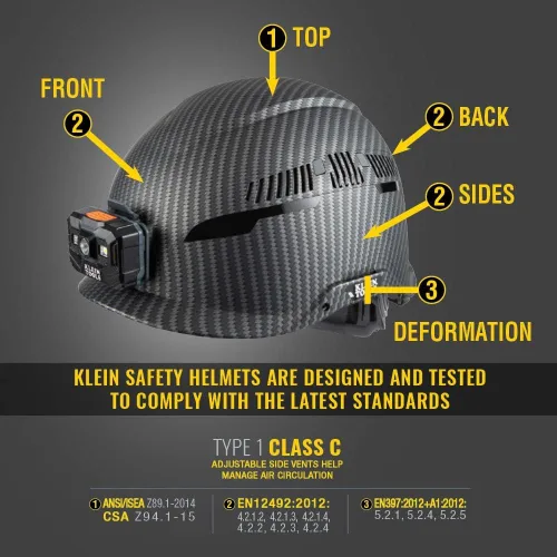 Vista 3 de Casco duro, ala completa ventilada, patrón KARBN premium, lámpara recargable