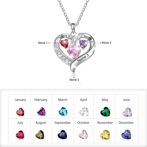 Vista 2 de Lam Hub Fong Collar personalizado para madres con 3 piedras natales personalizadas, collar con nombre en forma de corazón para mamá, hija o abuela
