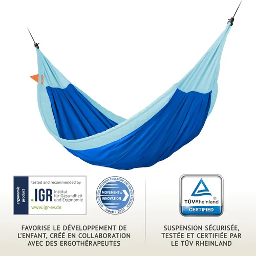 Vista 7 de LA SIESTA Hamaca Moki XXL para familia y niños, juego en interiores y exteriores, materiales fáciles de limpiar, algodón súper suave, a partir de 3