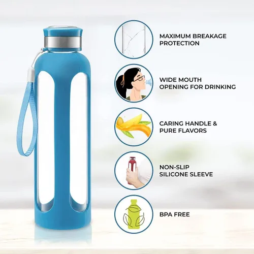 Vista 2 de Botella de agua Swig Savvy, resistente a la rotura, de vidrio de borosilicato, con funda protectora de silicón Sin BPA, duradera y elegante.