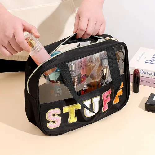Vista 7 de Bolsa transparente de felpilla con parches de letras, bolsa de maquillaje transparente de PVC y nailon multiusos con asas, bolsa grande