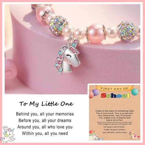 Vista 2 de HGDEER KindergartenPreschool Graduation Gifts for Girls Pink Pearl and Rhinestone Balls Unicorn Bracelet Adjustable Length Suitable for Daughter