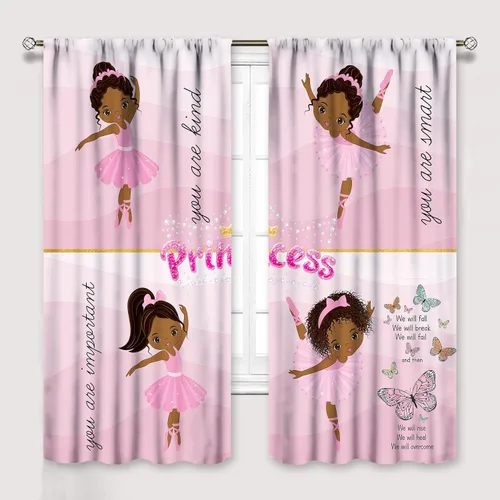 Vista 8 de YCness Cortinas afroamericanas para niños, tratamientos de ventana de niña negra afro para dormitorio, lindas cortinas de bailarina bailarina rosa