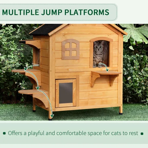 Vista 3 de 2-Story Wooden Cat House - Outdoor Cat Enclosure for Multiple Cats