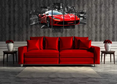 Vista 2 de Póster de pared en blanco y negro, 5 piezas, diseño de automóvil deportivo rojo grande, lienzo para habitación de niños, dormitorio, sala de estar