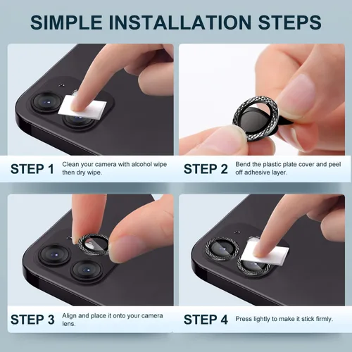 Vista 7 de Protector de lente de cámara compatible con iPhone 12/12 Mini/11 cubierta de cámara de vidrio templado, cubierta completa HD antiarañazos, anillo