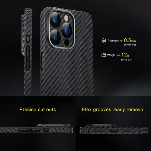 Vista 4 de memumi Funda delgada de fibra de aramida real para iPhone 15 Pro, resistente y duradera de 0.020 in, ajuste delgado para iPhone 15 Pro, funda