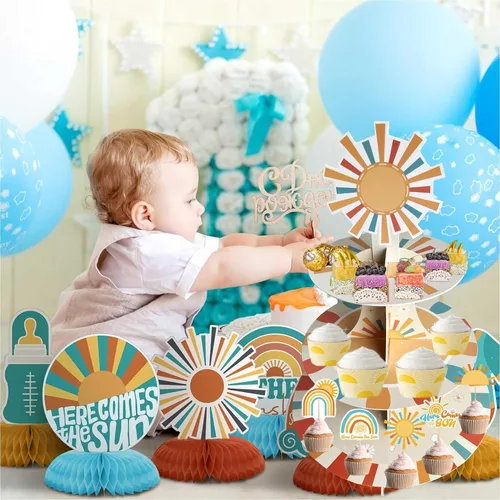Vista 5 de Zliisang Here Comes The Son - Soporte para cupcakes para 24 cupcakes retro Sunshine Daisy Cupcake Stand Boho Sun Cupcake Soporte para postre