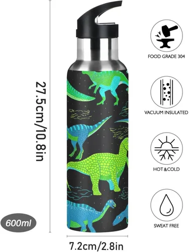 Vista 9 de Botella de agua de acero inoxidable de 32 onzas, botellas de agua a prueba de fugas para gimnasio, viajes al aire libre, escuela, dinosaurios