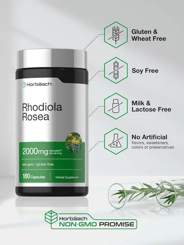 Vista 5 de Horbäach Cápsulas de Rhodiola Rosea 180 unidades Suplemento sin OMG, sin gluten