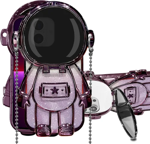 Vista 11 de Funda de astronauta compatible con iPhone 14 Pro Max con soporte, espejo, correa de hombro con cordón, espejo de papel con purpurina desmontable