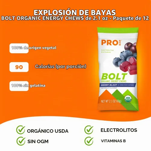 Vista 5 de Probar - Masticables energéticos orgánicos Bolt, explosión de bayas, sin OMG, sin gluten, certificado orgánico USDA, saludable, energía natural