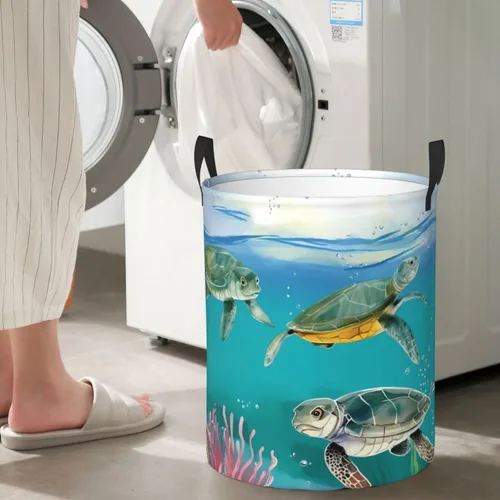 Vista 7 de Cesta circular con estampado de tortugas marinas y peces impermeable, cesta organizadora de lavandería, con asas, para ropa, juguetes, pequeña