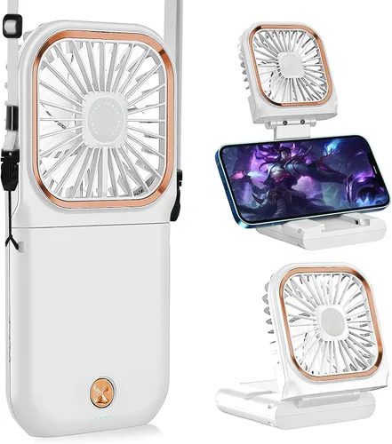 Vista 7 de Ventilador de mano portátil con soporte para teléfono, fuente de alimentación de 3000 mAh, ventilador de cuello recargable USB, ventilador pequeño