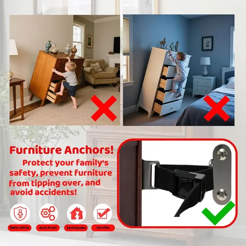 Vista 4 de Anclajes para muebles a prueba de bebés (2 juegos), anclajes de muebles antipunta, anclaje de pared para muebles, correas ajustables para muebles