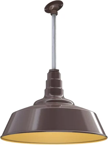 Vista 73 de Steel Lighting Co. Manhattan Warehouse Light Colgante montado en el techo Cúpula de 20 pulgadas vástago de 12 pulgadas Luz de granero