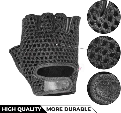 Vista 4 de Guantes de cuero acolchados con gel de levantamiento de pesas de malla para entrenamiento, ciclismo, gimnasio, color negro (XXL)