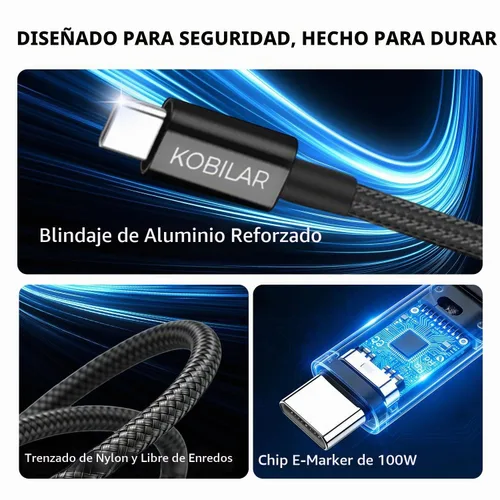 Vista 2 de Cable USB C a USB C, carga súper rápida de 100 W, 5 A, PD 3.0, paquete de 5 (6.6 pies), cable de carga trenzado tipo C para iPhone 17/16 Pro Max
