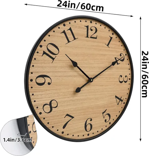 Vista 2 de Reloj de pared rústico para decoración de sala de estar, reloj de pared grande de 24 pulgadas con cara de madera marrón oscuro y marco de metal