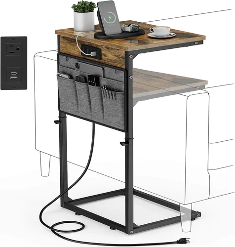 Vista 19 de Vagusicc - Mesa auxiliar en forma de C con estación de carga, mesa lateral de altura ajustable para sofá, mesa pequeña para sofá con laptop