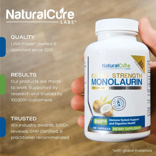Vista 2 de Natural Cure Labs Monolaurina extra fuerte 800mg, 100 cápsulas, 33% más