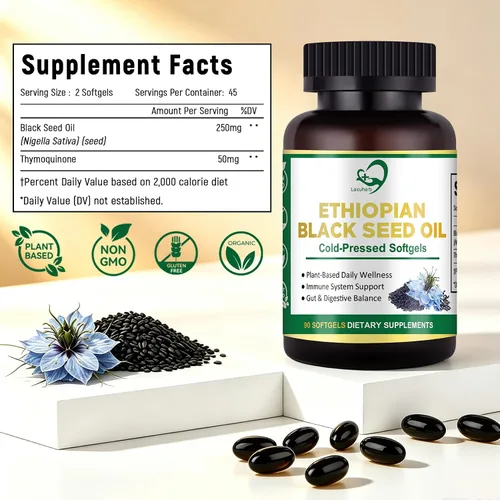 Vista 2 de Organic Black Seed Oil Capsules 1000mg, Rich in 4.64% Thymoquinone (TQ)，