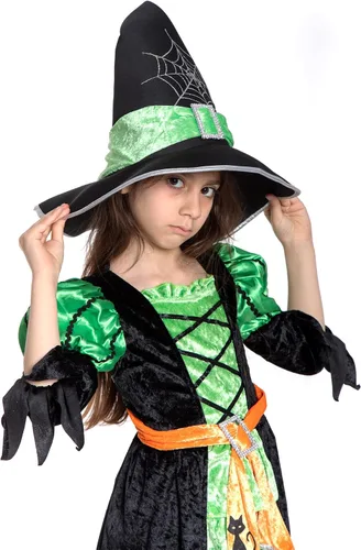 Vista 8 de Disfraz de bruja de Halloween para niñas, vestido de bruja verde lindo disfraz de lujo juego de rol