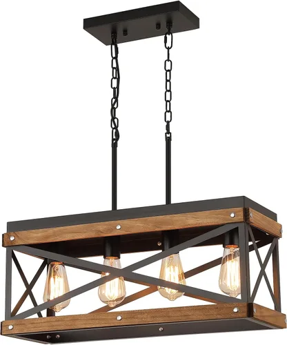 Vista 9 de Accesorio de Lámpara Colgante de Madera Rústica de Granja, Una Luz con Cadena Ajustable, Jaula de Linterna de Madera de Roble y Metal, Iluminación