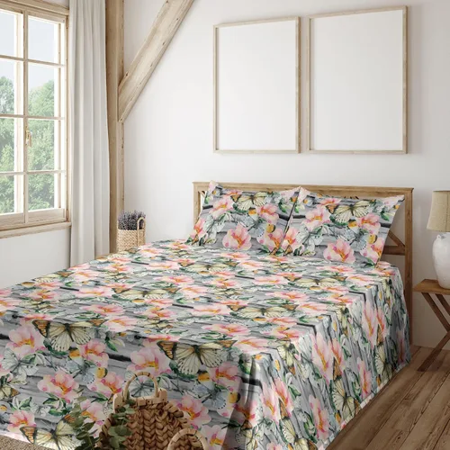 Vista 25 de Ambesonne Juego de sábanas vintage, diseño de curvas de inspiración victoriana, estampado de hojas y flores, sábana bajera y encimera con fundas