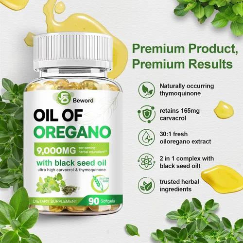 Vista 4 de BEWORD Aceite de orégano con aceite de semilla negra, 90/280/560/840 cápsulas blandas, 9000 mg por porción - Suplemento de orégano 2 en 1