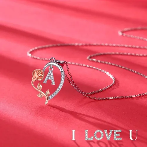 Vista 3 de Collar con inicial de corazón de rosa para mujer, delicado collar de letras de corazón de plata esterlina S925, collar de letras de corazón de rosa