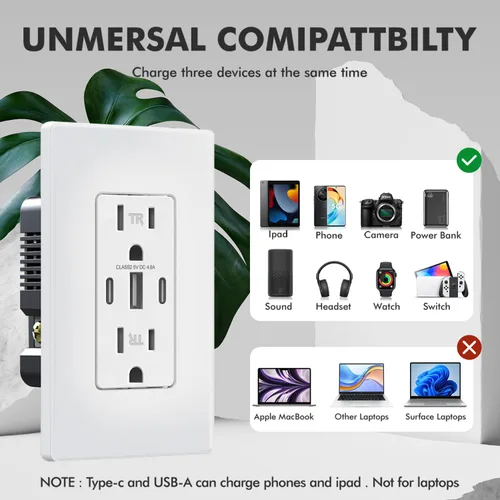 Vista 5 de Micmi Toma de pared USB C, 30 W, 6.0 amperios, 3 puertos USB C, 15 A, receptáculo resistente a manipulaciones con puertos dobles tipo C y A