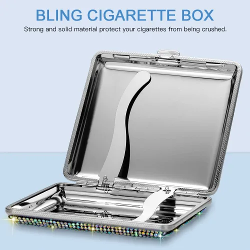 Vista 7 de SAVORI Estuche de cigarrillos para mujeres y hombres, soporte de cigarrillos de metal con cristales brillantes de doble cara, caja de cigarrillos AB