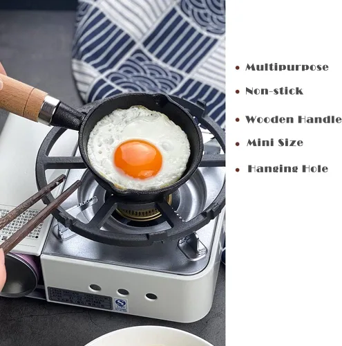Vista 4 de CANDeal Mini sartén de hierro fundido con mango de madera resistente al calor, sartén para fajitas para barbacoa, tortilla, tapas y postres