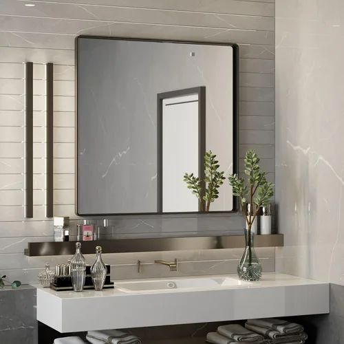 Vista 42 de ISKM Espejo con marco negro para pared de 20 x 16 pulgadas, espejo de tocador de baño antioxidante, vidrio templado, espejo rectangular redondeado