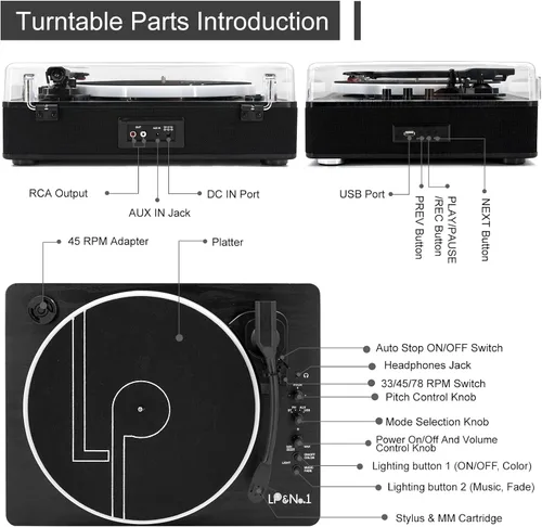 Vista 6 de LP&No.1 - Tocadiscos con altavoces estéreo incorporados, control LED, tocadiscos de vinilo de 3 velocidades con transmisión por correa